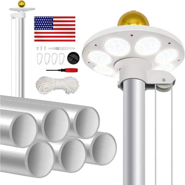 20 ft. Flagpole Kit with Solar Light, Heavy Duty Sectional Aluminum Flagpole Kit with 136 Led Flag Light Solar Powered
