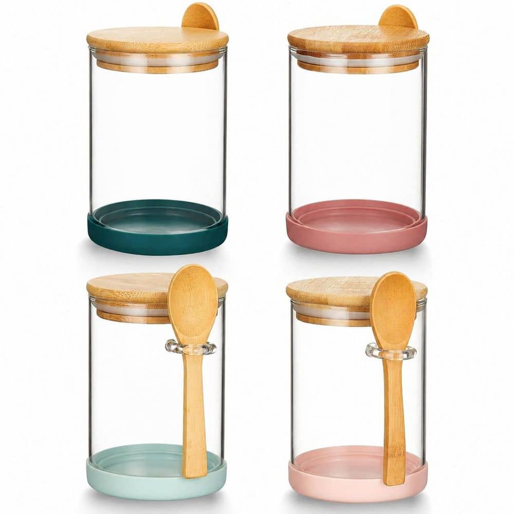 Anqtovp 4-Piece Borosilicate Glass Food Storage Jar Set with Airtight Bamboo Lids and Spoons for Kitchen Pantry 29CSA10457