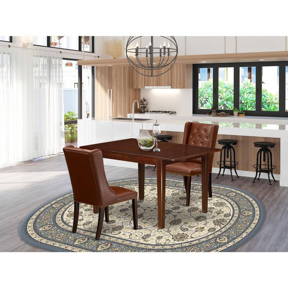 3-Piece Mahogany Finish Rectangular Solid Wood Top With Butterfly Leaf Dining Table Set