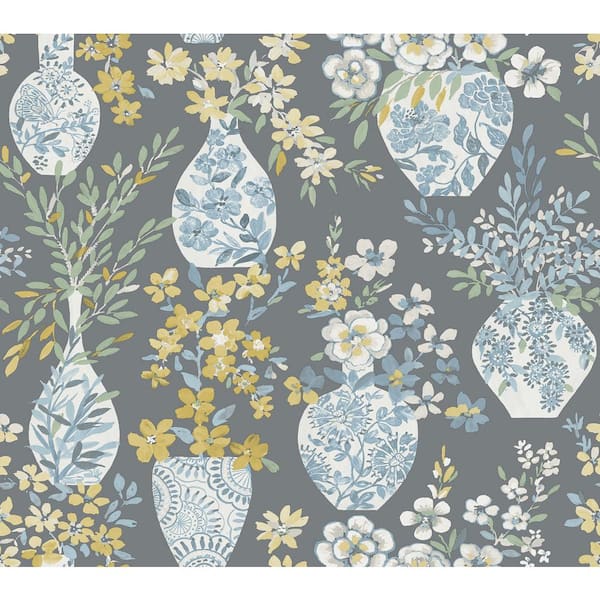 A-Street Prints Harper Grey Floral Vase Matte Non Woven Wallpaper Sample