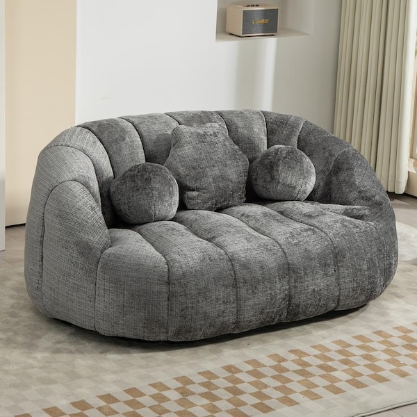 64 in. Grey Chenille 3-Seater Upholstered Oversized Loveseat Bean Bag Chair Lazy Sofa Couch with Pillows