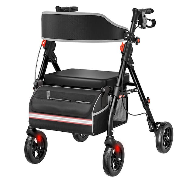 4-Wheel Rollator Walker with Seat, 350 lbs. Capacity, 8 in. Big Wheels, Adjustable Height, Foldable Design (Black)