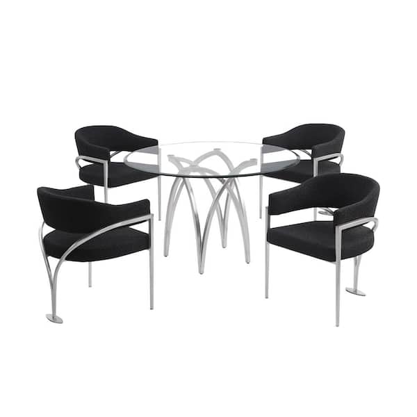 Best Quality Furniture Bayton 5-Piece Clear Tempered Glass Top Brushed Matte Chrome-Plated Base Dining Set With 4-Black Color Chairs
