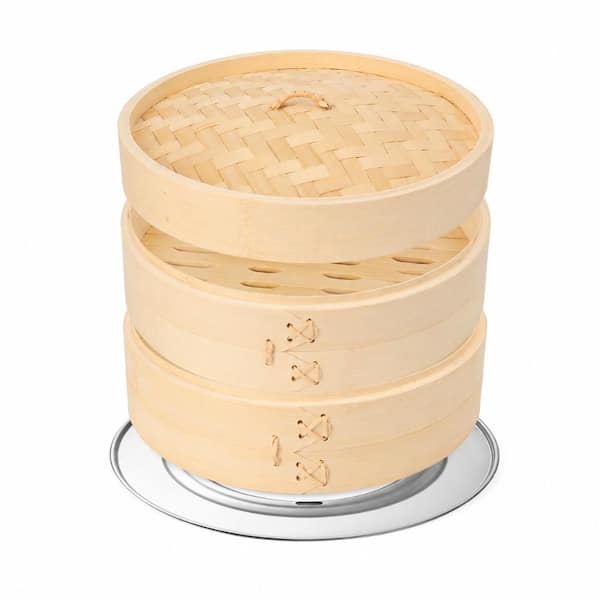 10 in 2-Tier Natural Bamboo Steamer Basket with Lid, Liners, Cutter, Adapter, Sauce Dish, and Chopsticks