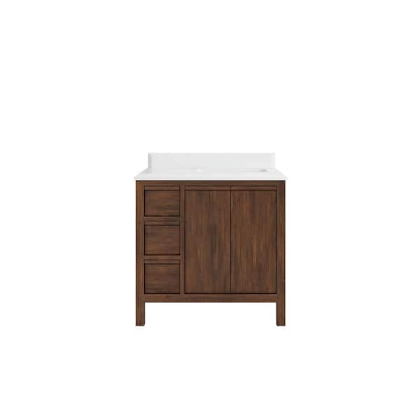 Willow Collections Elizabeth Teak 36 in. W x 22 in. D x 36 in. H Right Offset Sink Bath Vanity in Dark Walnut with 1.5" White Quartz Top