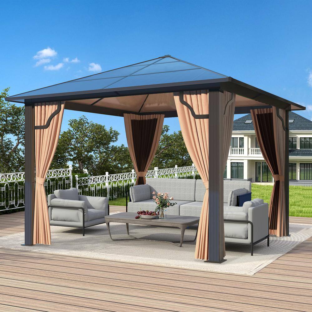 Aoxun 10' x 10' Brown Aluminum Gazebo with Curtains and Netting