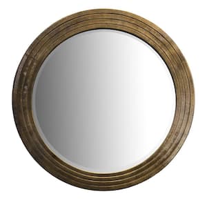 36 in. x 1 in. Brown Round Layered Framed Wooden Frame Decor Wall Mirror with Hand Carved Texture