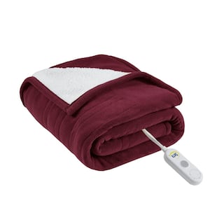 Fleece to Sherpa Burgundy Fleece Electric Throw Blanket