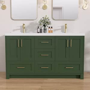 60 in. W x 22 in. D x 36 in.H Bathroom Vanity Double Sink Freestanding Bath Vanity Cabinet in Green with White Resin Top