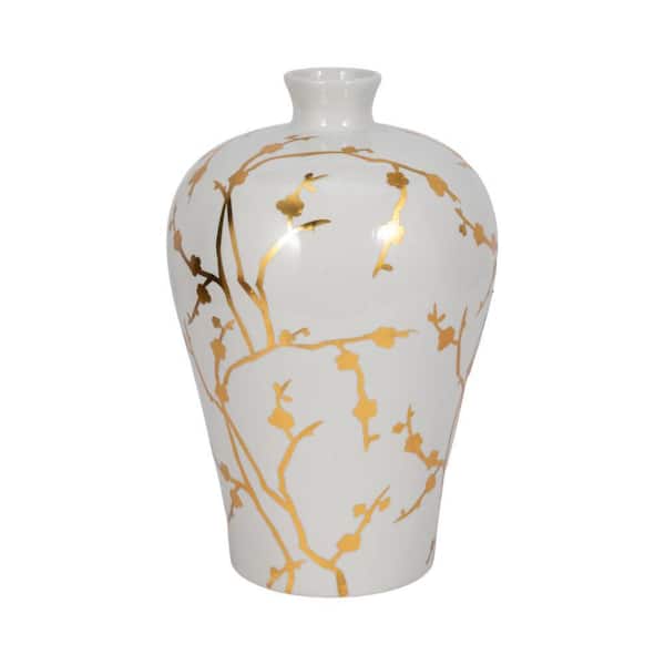 Liv & Skye 15 in. White Ceramic Jar with Gold Decal