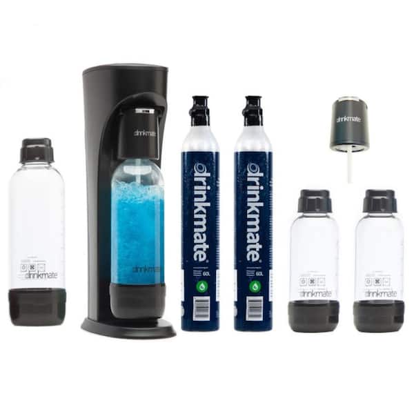 DrinkMate Matte Black Sparkling Water, Soda Maker Party Pack, 2 60L CO2 Cartridges, Extra Fizz Infuser, 1L and 2 0.5L Bottles