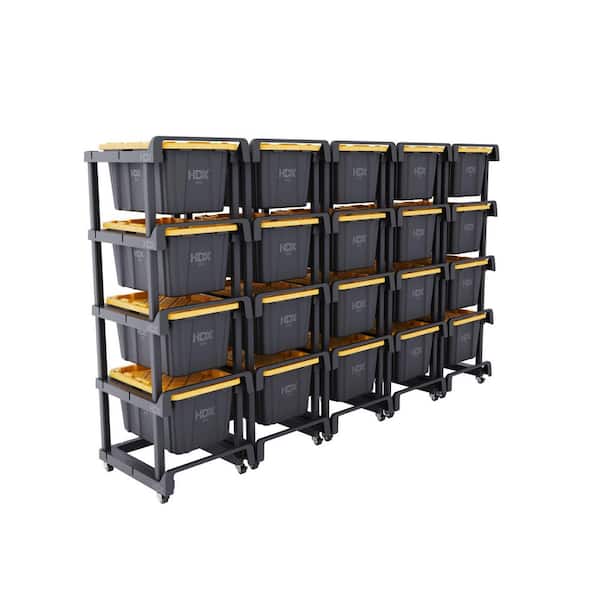 4-Tier Plastic Shelving Tote Stacker with Casters and 27 Gal. Tough Storage Tote in Black and Yellow (2-Piece)