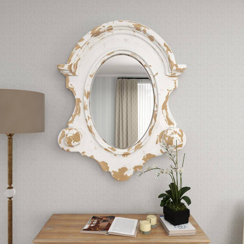 White Carved Oval Wood Wall Mirror with Arched Top