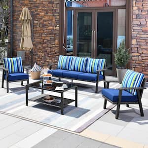 Walden Grey 4-Piece Wicker Metal Outdoor Patio Conversation Sofa Seating Set with Striped Navy Blue Cushions