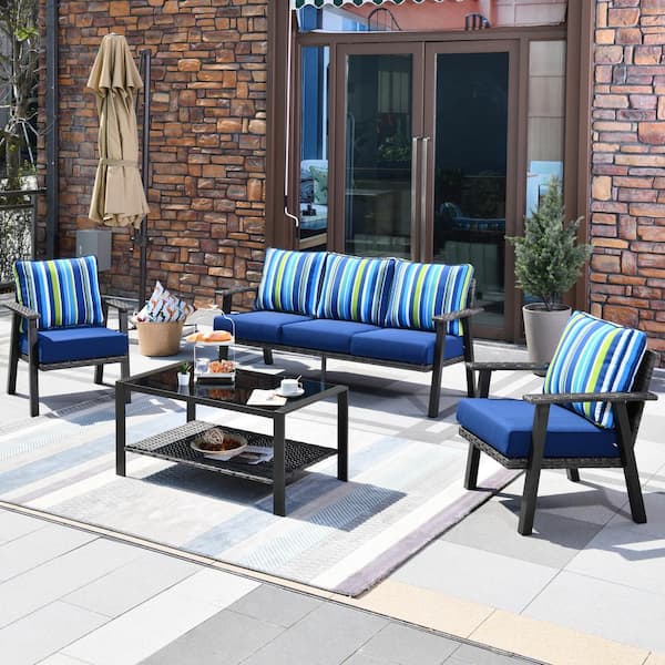 HOOOWOOO Walden Grey 4-Piece Wicker Metal Outdoor Patio Conversation Sofa Seating Set with Striped Navy Blue Cushions