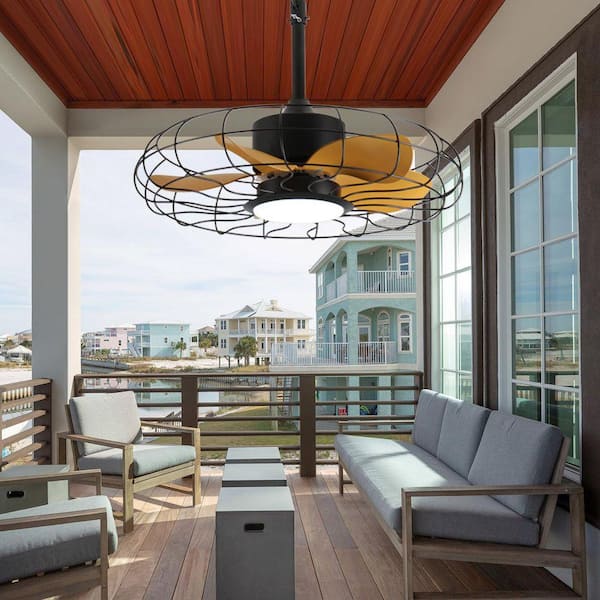 23 in. Outdoor Black Housing Ceiling Fan with Light, Hook Mount, Modern Style, Waterproof