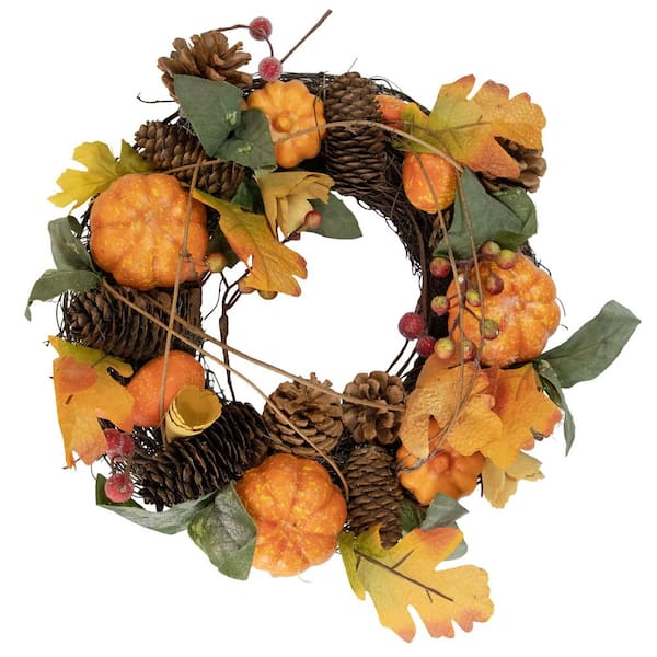 Pumpkin and Pinecone Fall Harvest Wreath-13.5 in. -Unlit