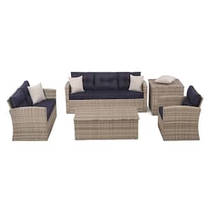 5-Piece Wicker Outdoor Patio Sectional Conversation Seating Set with Navy Blue Cushions