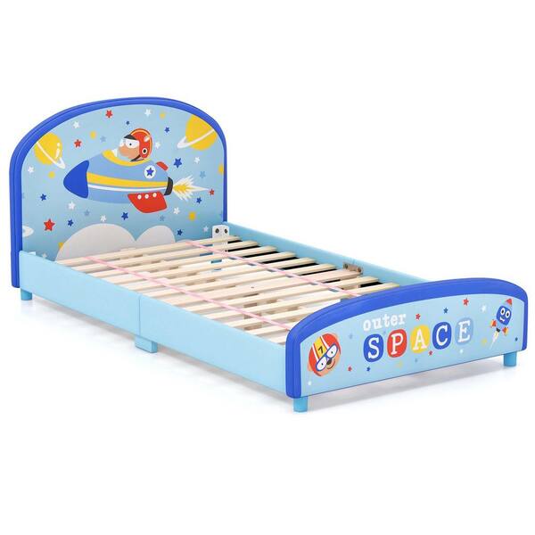 Costway Blue Wood Frame Children Twin Size Upholstered Platform Bed