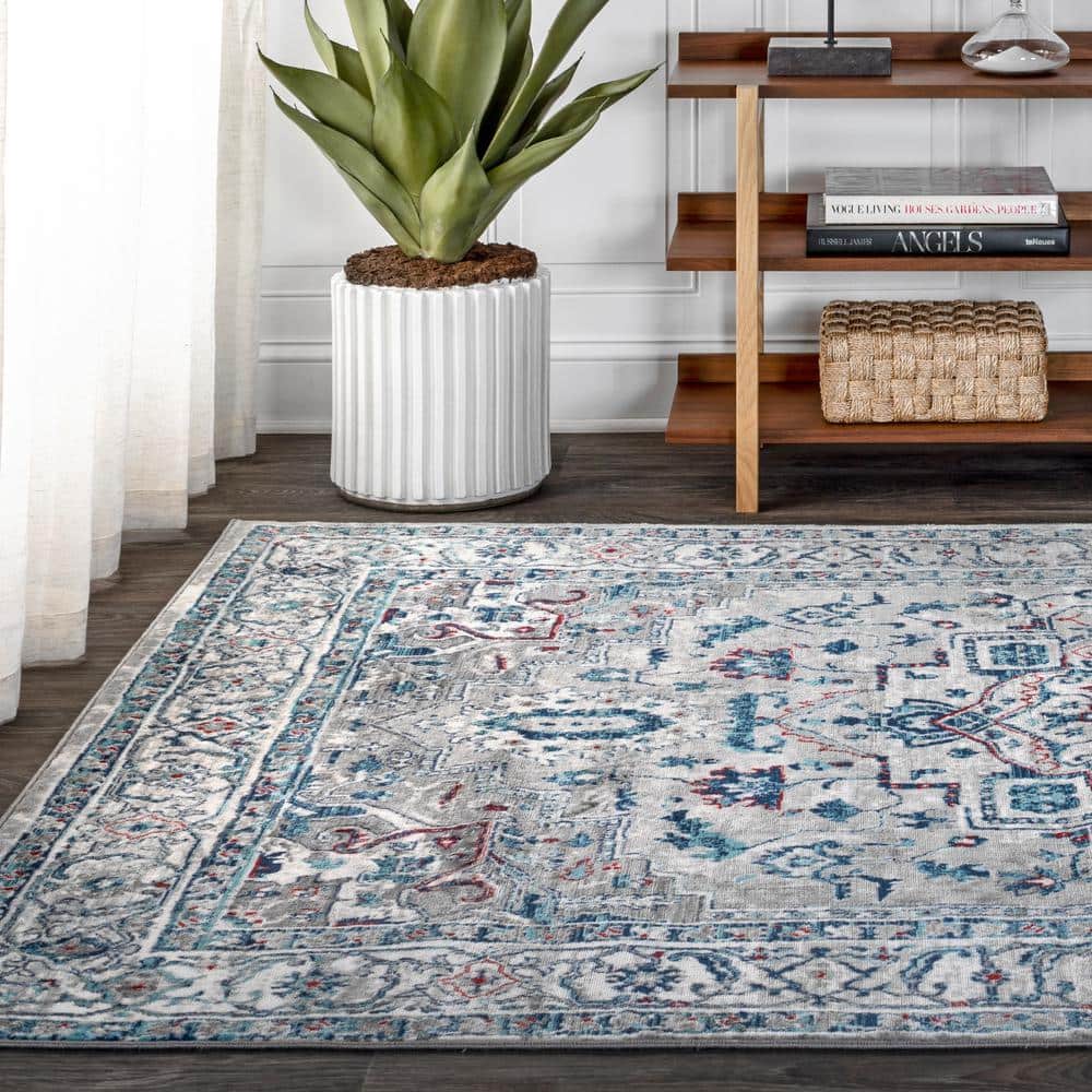 Modern Persian Medallion Light Grey/Blue Synthetic Area Rug