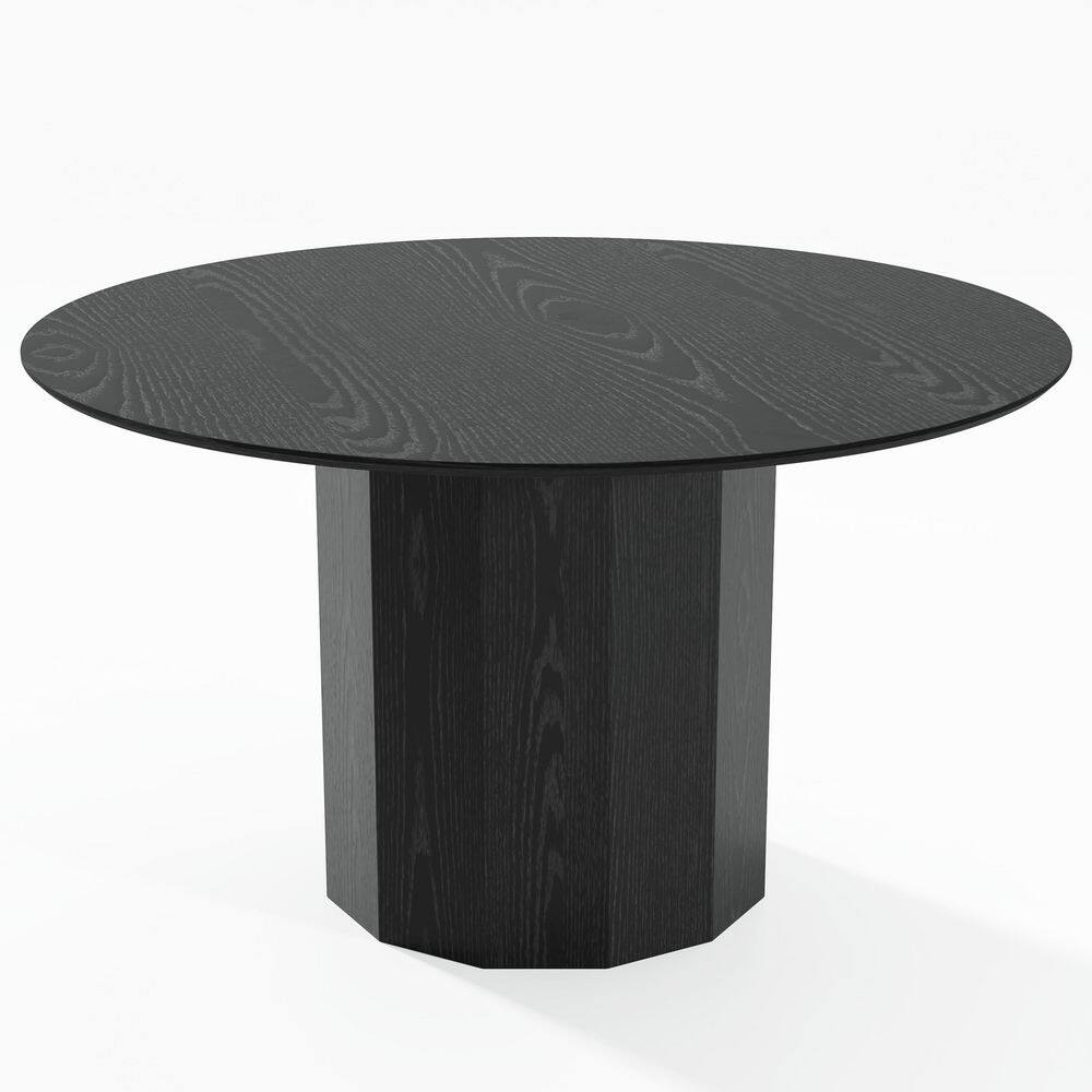 52 in. Black Oak Wood Column Pedestal Round Kitchen Table Dining Table Seats 4
