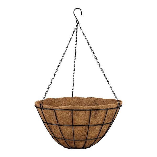 Large Black Metal Hanging Round Planter with Coco Liner (20 in. L x 20 in. W x 10.5 in. H)