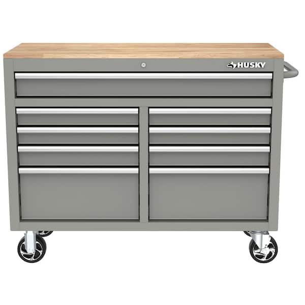 Husky 46 in. W x 18 in. D 9-Drawer Gloss Gray Mobile Workbench