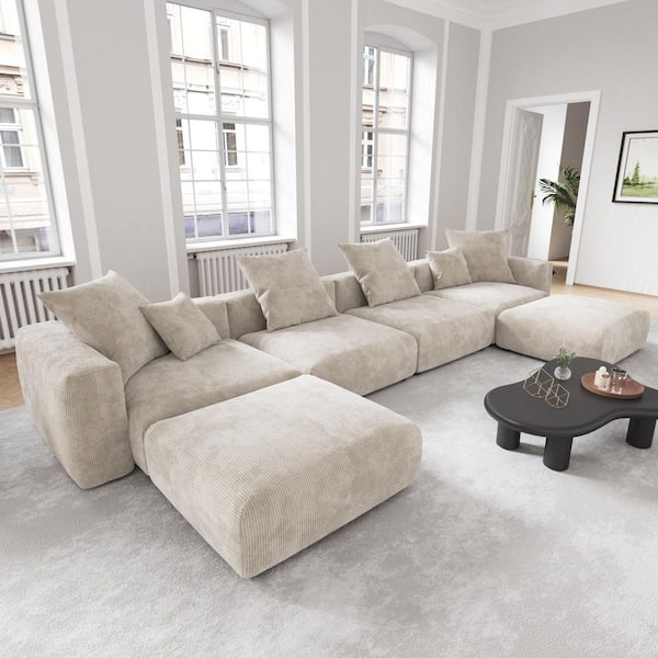 Modern 181 in. Square Arm 6-piece Modular Corduroy Sectional Sofa Oversized U-shaped Floor Couch with Ottomans in. Beige