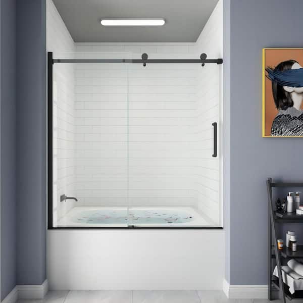 HOROW 55 in. - 59 in. W x 60 in. H Contemporary Single Sliding Frameless Bathtub Door in Matte Black with Clear Glass