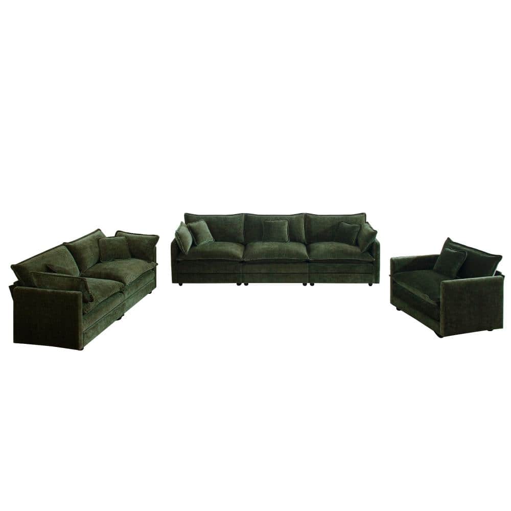 Modern 3-Piece Extra Deep Seat Chenille Sectional Sofa in Green durable construction easy to install