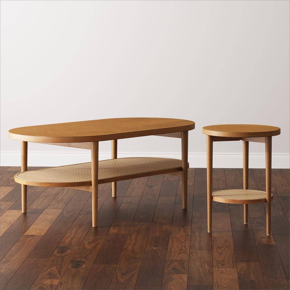 Honey Brown Round Wood Side Table with Rattan Shelf