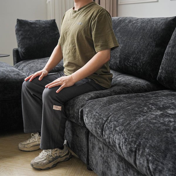 Modular Cloud Couch, 134 in. Square Arm 8-Piece Chenille U-Shaped Sectional Sofa with Ottoman, Washable Covers in Black