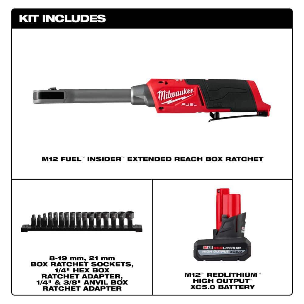 Milwaukee M12 FUEL INSIDER 12V Lithium-Ion 1/4 in.-3/8 in. Brushless Cordless Ratchet Extended Reach Box Ratchet w 5. 0Ah Battery 3050-20-48-11-2450