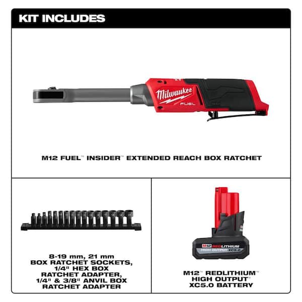 M12 FUEL INSIDER 12V Lithium-Ion 1/4 in.-3/8 in. Brushless Cordless Ratchet Extended Reach Box Ratchet w 5. 0Ah Battery