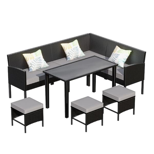 7-Piece Wicker Outdoor Sofa Sectional Set with Gray Cushions and 3 Pillows