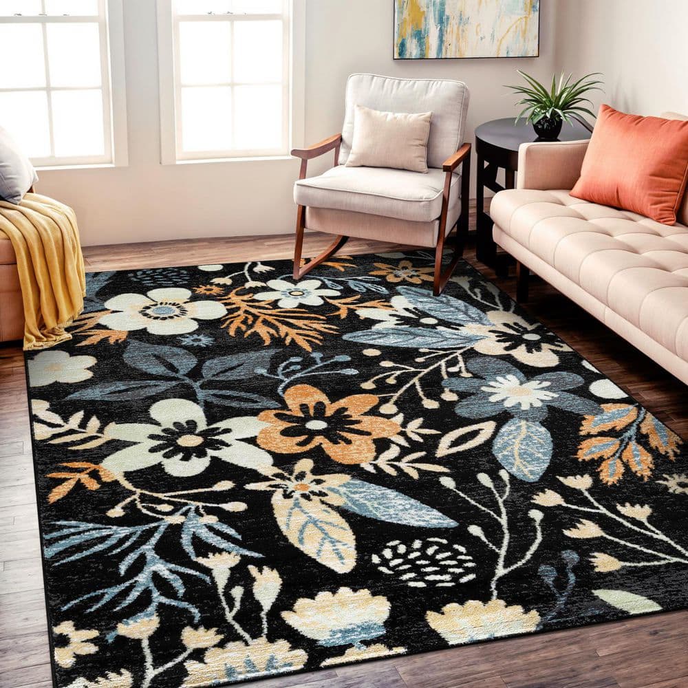World Rug Gallery Garden Floral Black 5' x 7' Area Rug