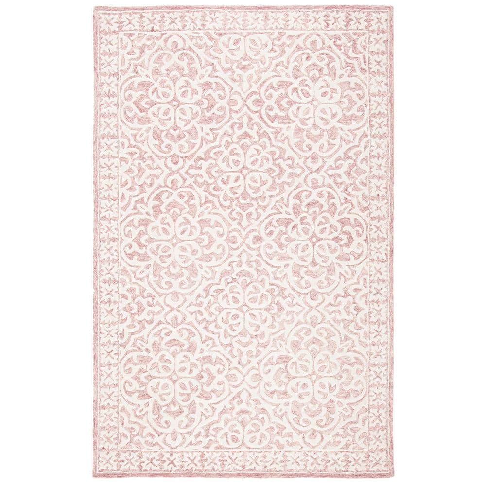 Handmade Pink and Ivory Floral Wool Tufted Rug, 4' x 6'