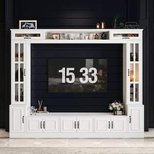 4-Piece White Wood Entertainment Center TV Stand with Tempered Glass Doors, TV Console, Bookshelves for TVs up to 73 in.