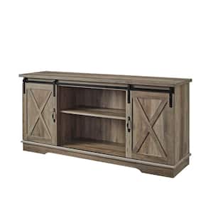 58 in. Farmhouse Gray Wash Composite TV Stand with Sliding Doors (Max TV Size 65 in.)