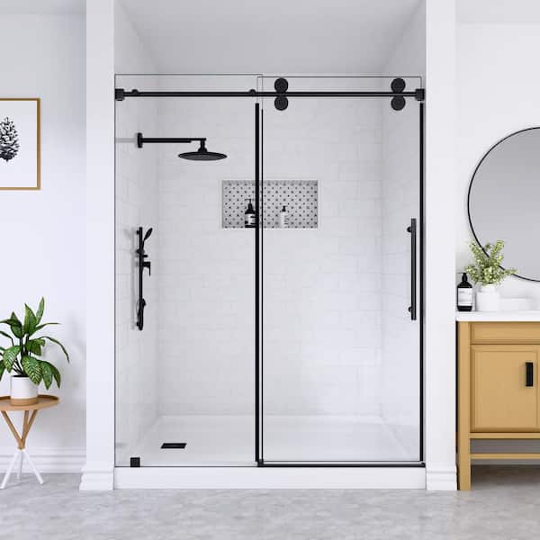 Serena 60 in. W x 80 in. H Sliding Frameless Shower Door in Matte Black with 3/8 in. (10 mm) Tempered Clear Glass