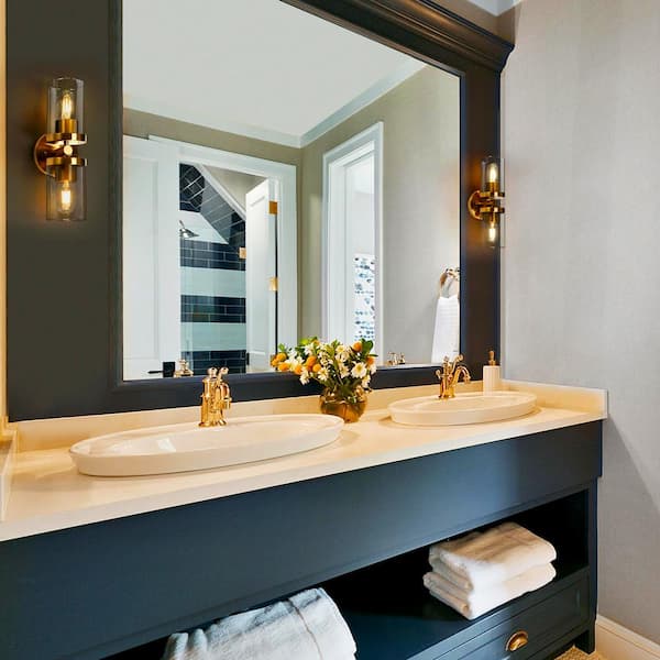 13.8 in. H Transitional Cylinder Bathroom Vanity Light 2-Light Modern Plating Brass Wall Light with Clear Glass Shades