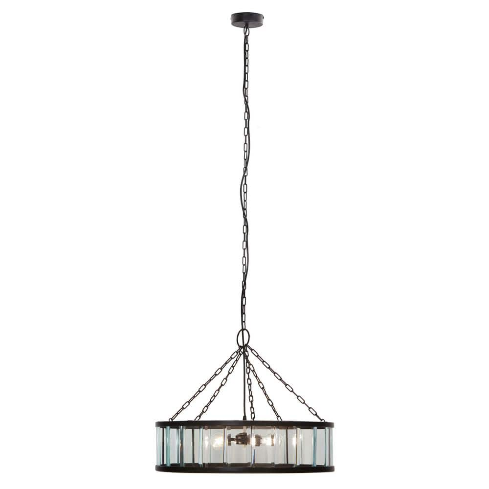 River of Goods Colson 40-Watt 3-Light Black Satin-Finish Metal Crystal Pendant Light with Clear Glass Drum Shade