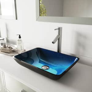 Turquoise Water Glass Rectangular Vessel Bathroom Sink with Dior Faucet and Pop-Up Drain in Brushed Nickel