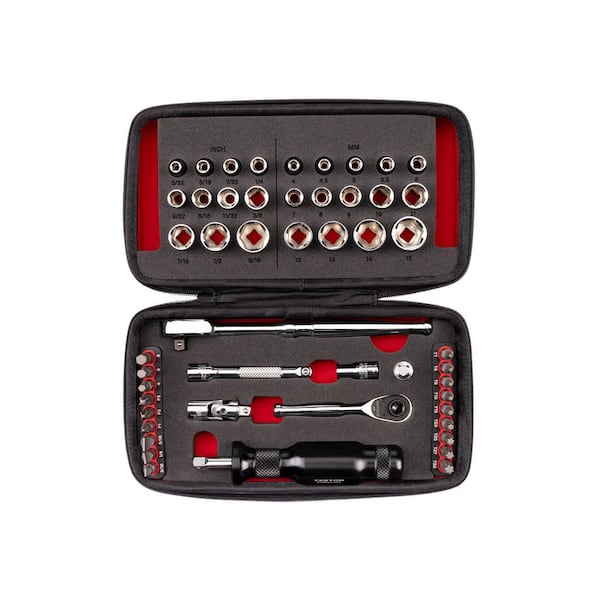 1/4 In. Dr. 6-Pt Small Engine Shallow Socket, Bit, Non-Quick-Release Ratchet, and Spinner Handle Set with Case (50-Pc)