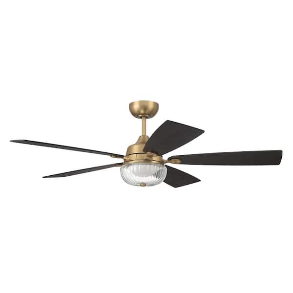52 in. Satin Brass, Flat Black/Black Walnut Blades Angled Mount Standard Ceiling Fan Integrated LED w/ Remote Included