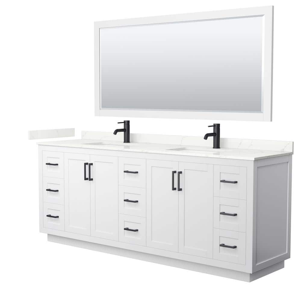 Wyndham Collection Miranda 84 in. W x 22 in. D x 33.75 in. H Double Bath Vanity in White with Giotto Qt. Top and 70 in. Mirror, White with Matte Black Trim -  840193358690