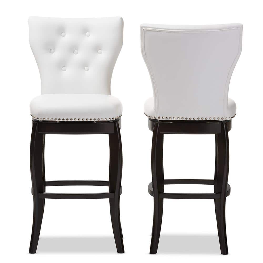 White Faux Leather Button-Tufted Swivel Bar Stools with Dark Wood Legs, Set of 2