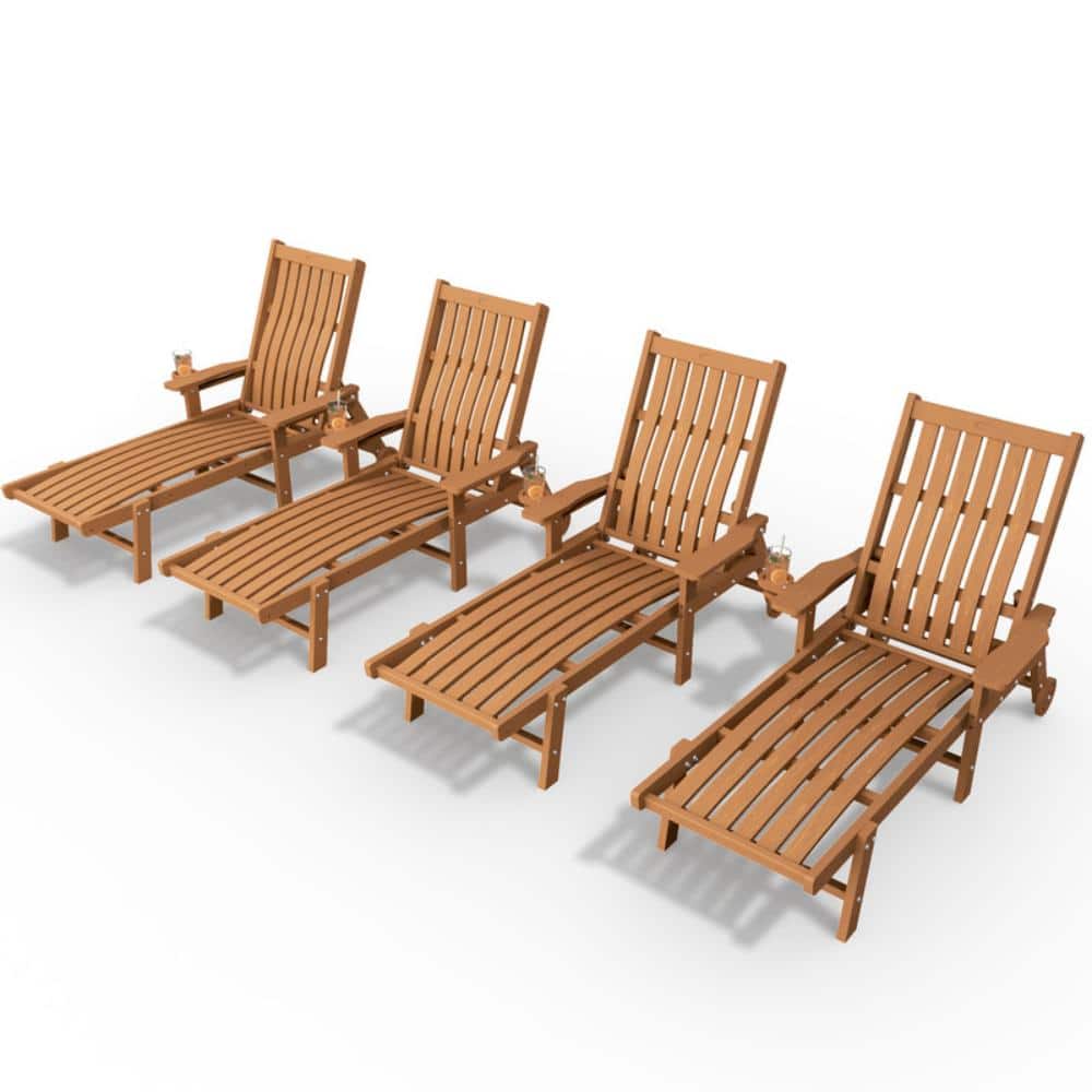 Outdoor HDPE Adjustable Reclining Chaise Lounge Chairs with Wheels and Cup Holders in Teak (Set of 4) price history on PriceWatchPro