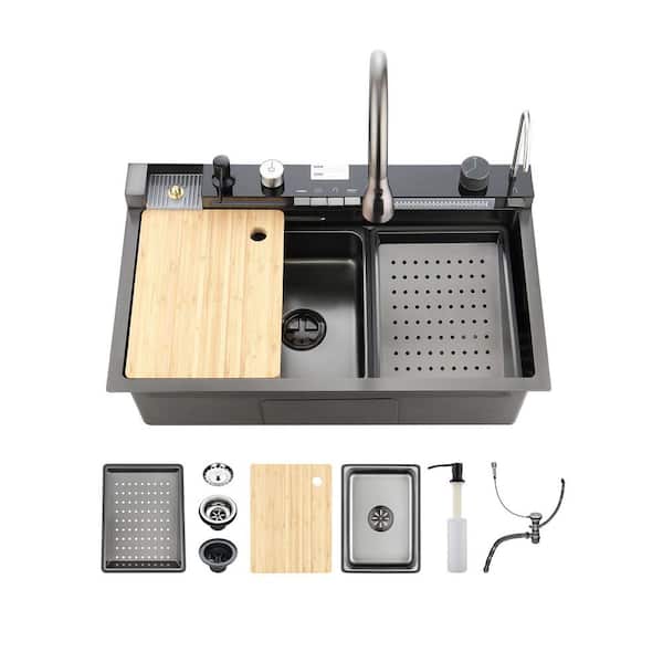 30 in. Drop-In Single Bowl 20 Gauge Gray Stainless Steel Kitchen Sink with Faucet and Workstation