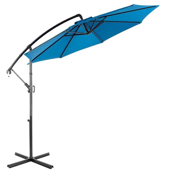 Otryad 9.64 ft. Steel Market Outdoor Patio Umbrella with 8-Ribs, Offset Hanging Umbrella with Easy Tilt Adjustment in Dark Blue